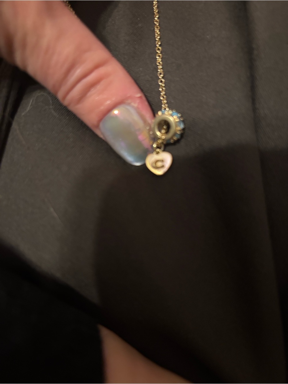 Coach Gold Chain Necklace & light Blue Rhinestone Ring Pendant W/Dusty